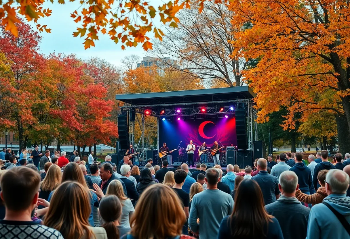 Concert-goers enjoying a live performance in a park during fall