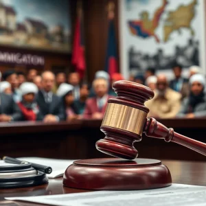 Image depicting a courtroom with a gavel and legal documents