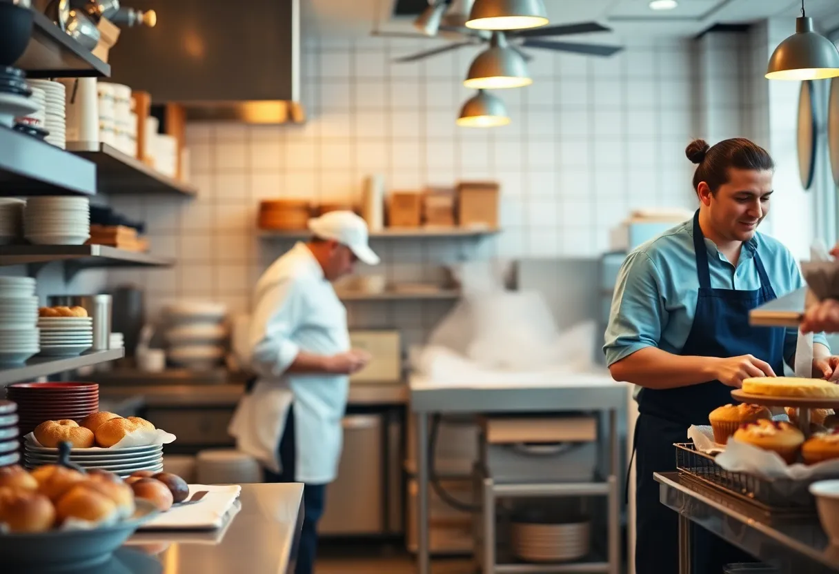Chefs working in the kitchen of DV8 Kitchen, highlighting teamwork and community support.