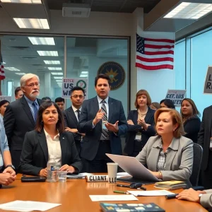 Federal employees discussing concerns about union rights and labor agreements.