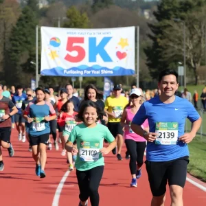 Community members participating in a lively 5K run event fundraising for charity.