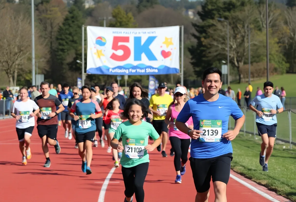 Community members participating in a lively 5K run event fundraising for charity.