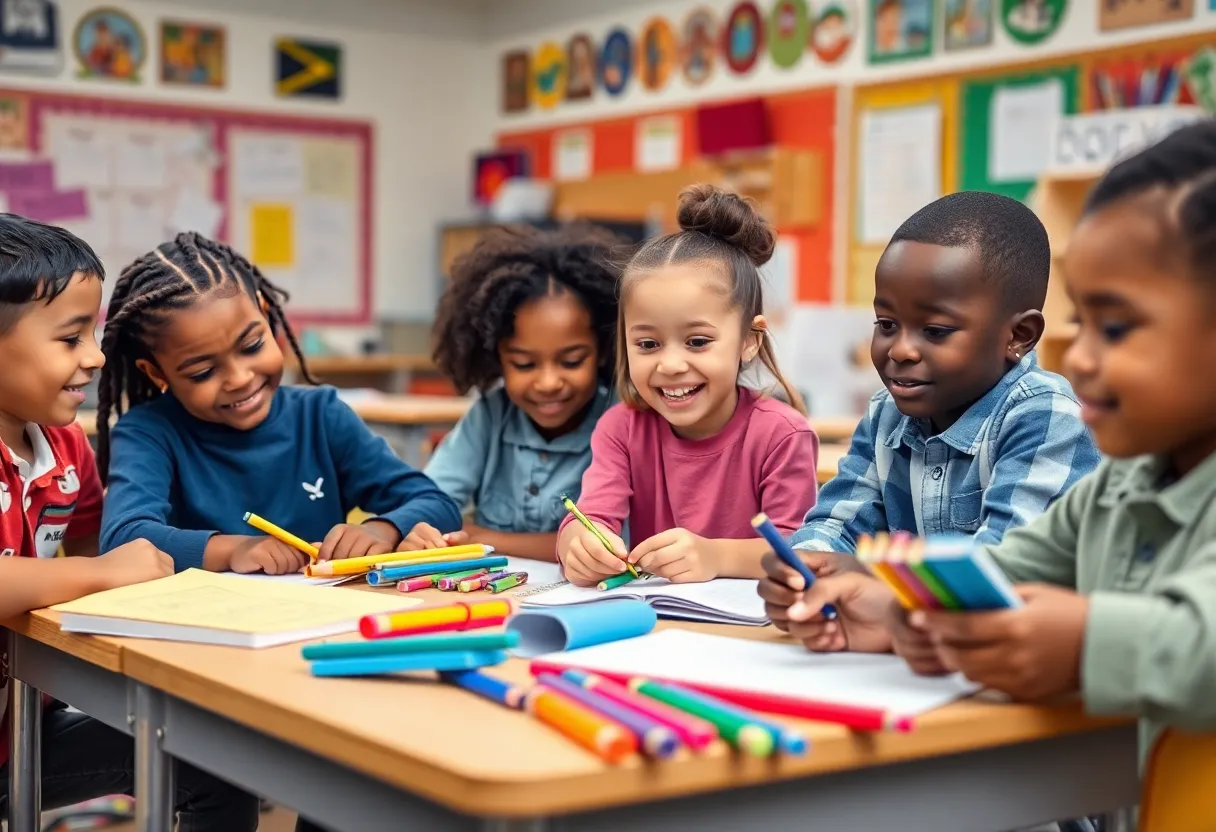 Elementary school students in a classroom with school supplies