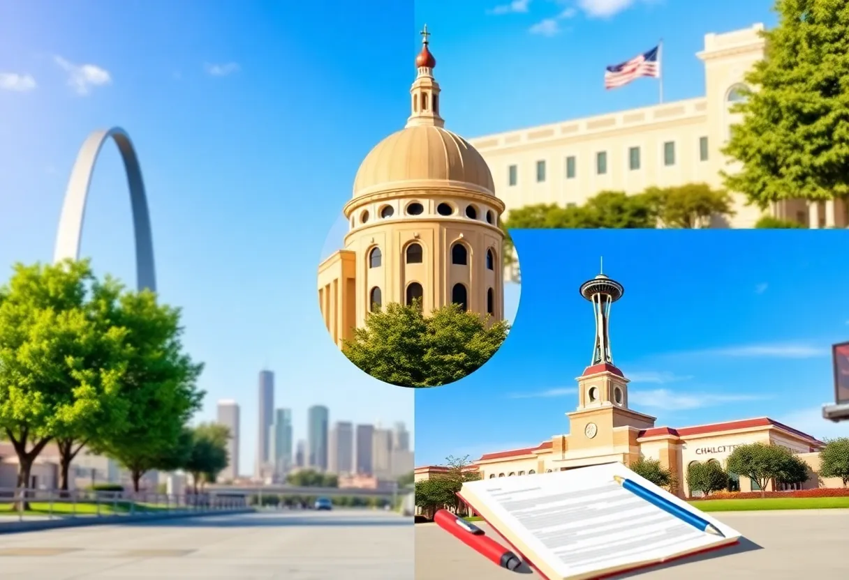 Collage depicting educational travel destinations and budget documents