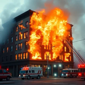 Firefighters battling a blaze in a multi-story building on Patchen Drive