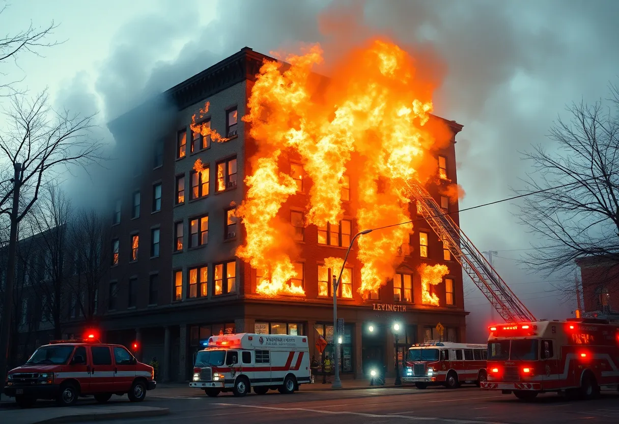 Firefighters battling a blaze in a multi-story building on Patchen Drive