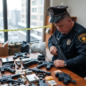 Seized firearms and drugs from a police bust in Lexington.