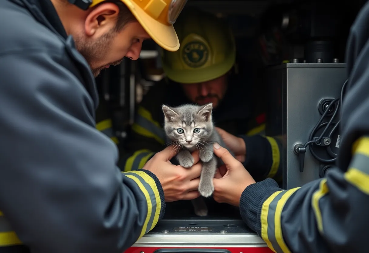 Lexington firefighters rescuing a gray kitten from a fire truck