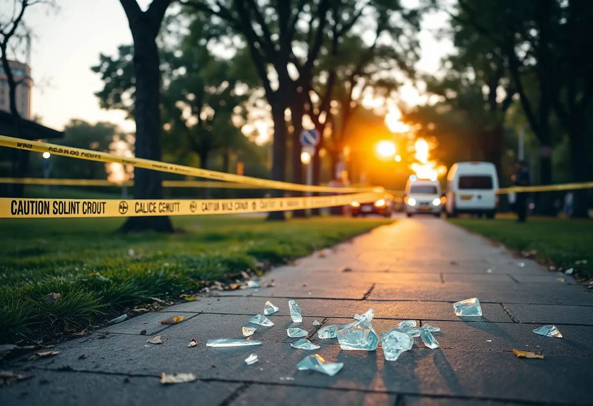 Police investigation scene at Gainesway Park with broken glass