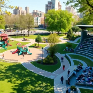 View of Gatton Park with playground and amphitheater during opening celebrations.