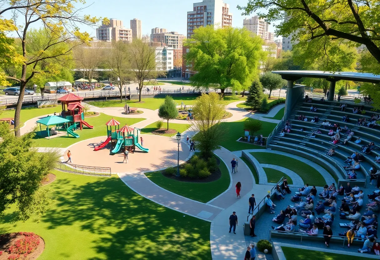 View of Gatton Park with playground and amphitheater during opening celebrations.