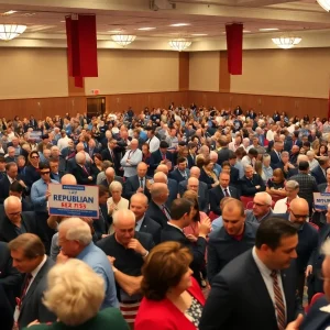 Large gathering at GOP fundraiser with attendees and decorations