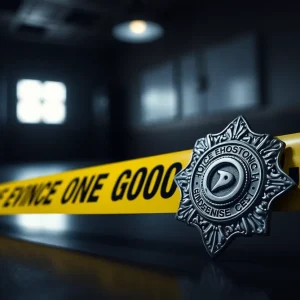 Police badge and evidence tape representing a sexual crimes investigation.