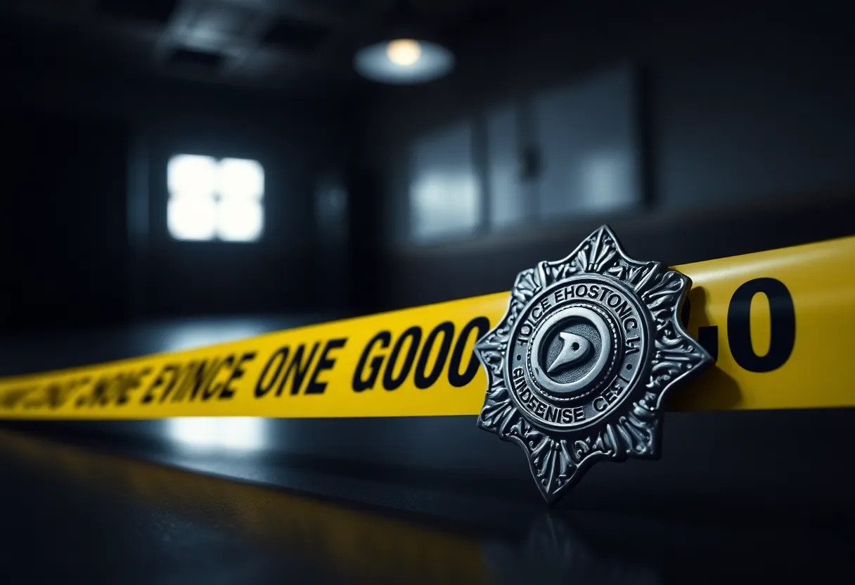 Police badge and evidence tape representing a sexual crimes investigation.