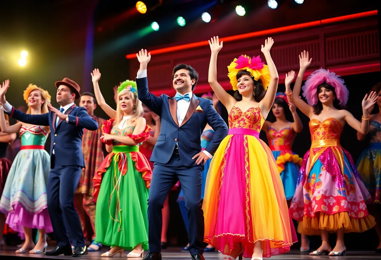 Theatrical performance of Joseph and the Amazing Technicolor Dreamcoat with colorful costumes.