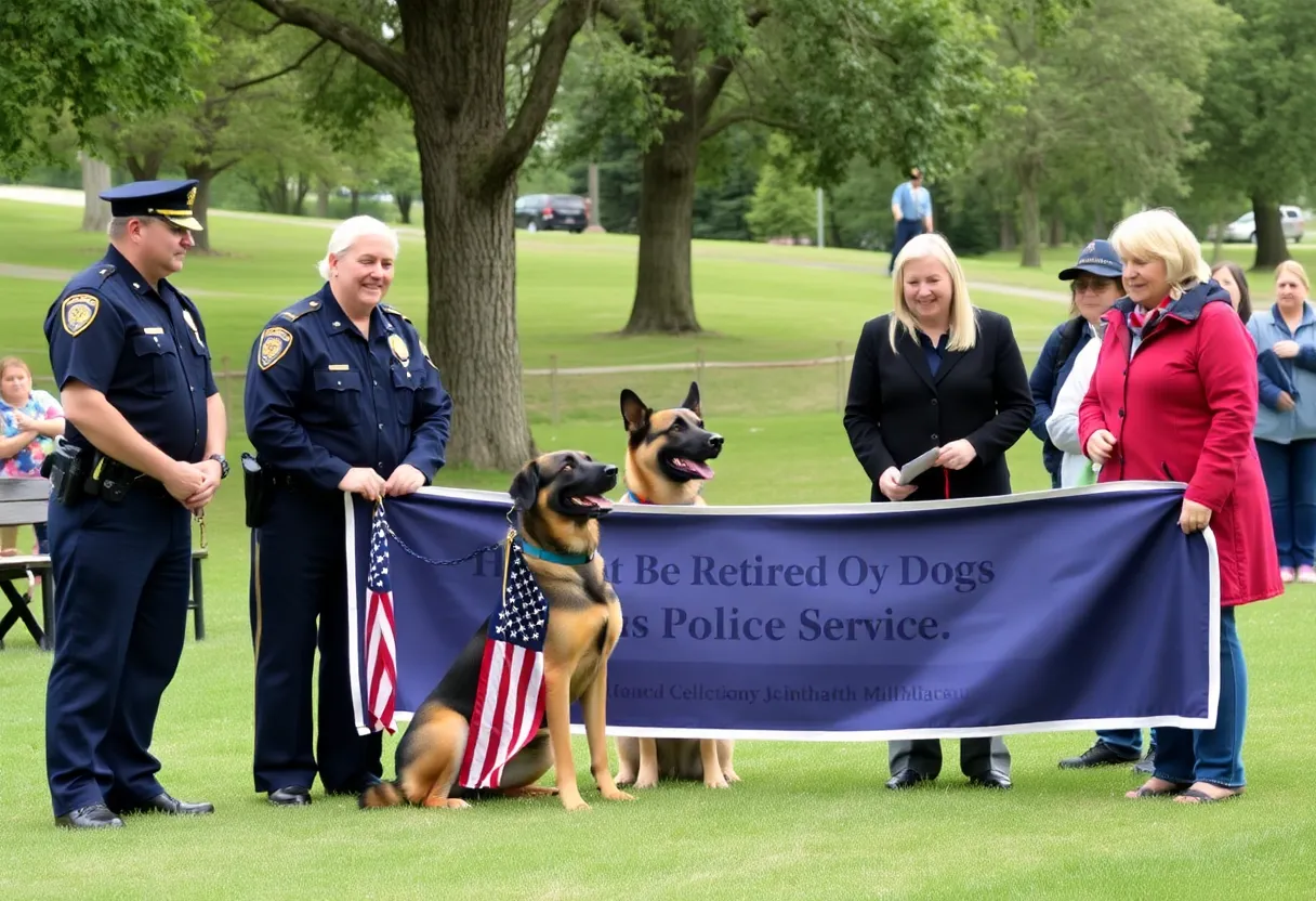 Police officers and families at a K9 retirement ceremony