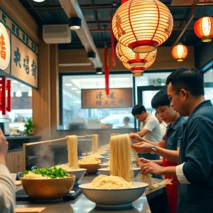 Interior view of Kung Fu Noodle restaurant showing noodle making process.