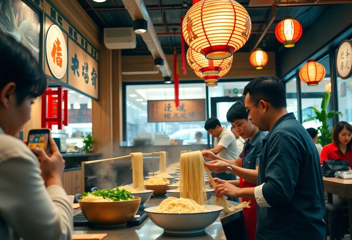 Interior view of Kung Fu Noodle restaurant showing noodle making process.
