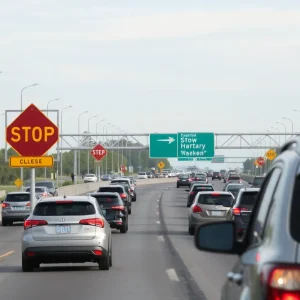 Traffic on highway with road safety signage for Labor Day weekend.