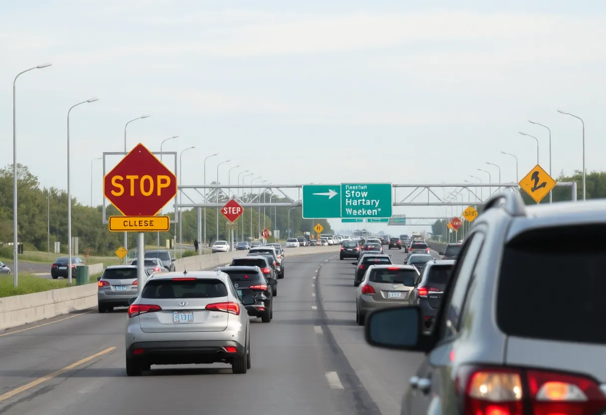Traffic on highway with road safety signage for Labor Day weekend.