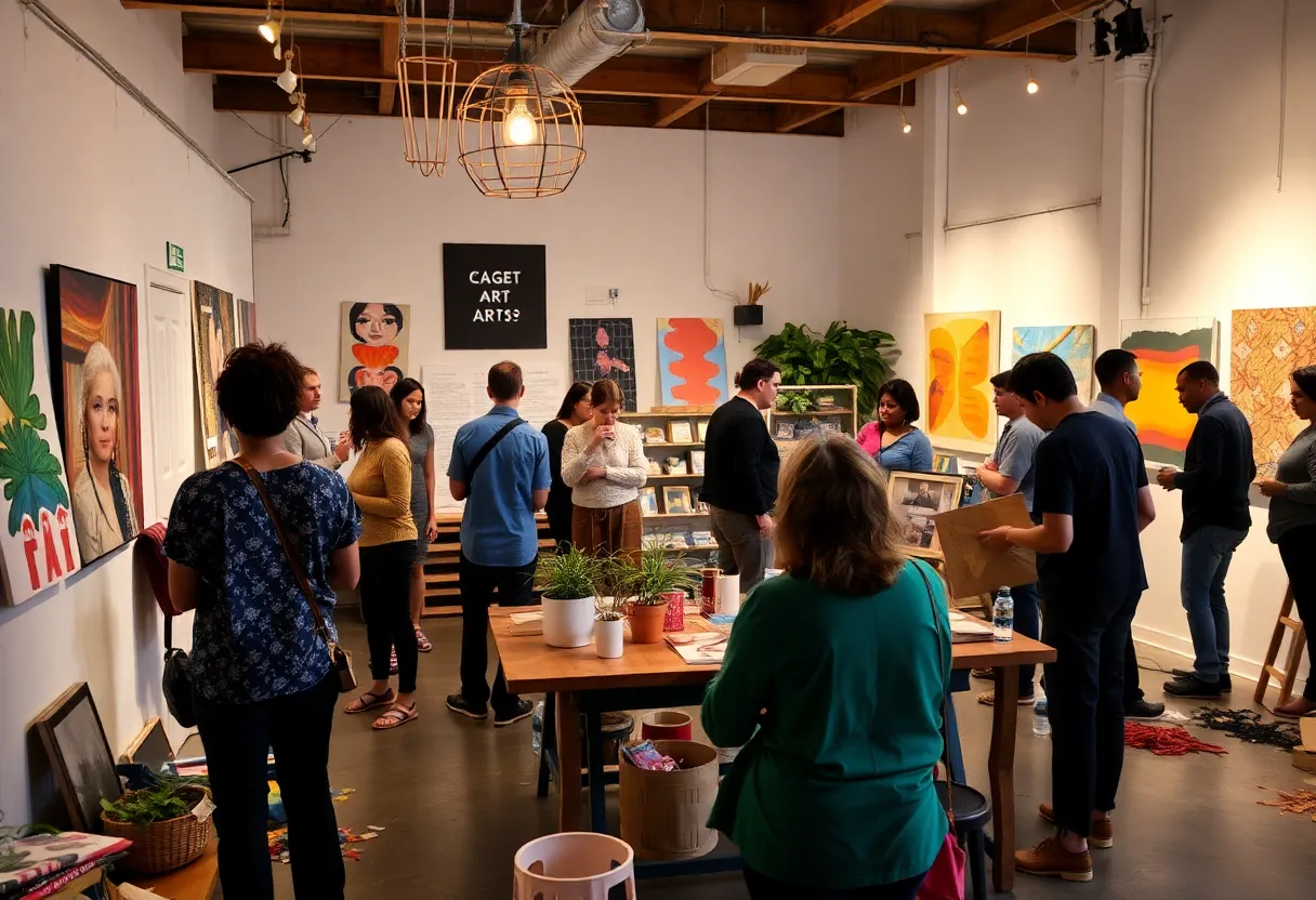 Artists collaborating in a community arts setting amidst challenges