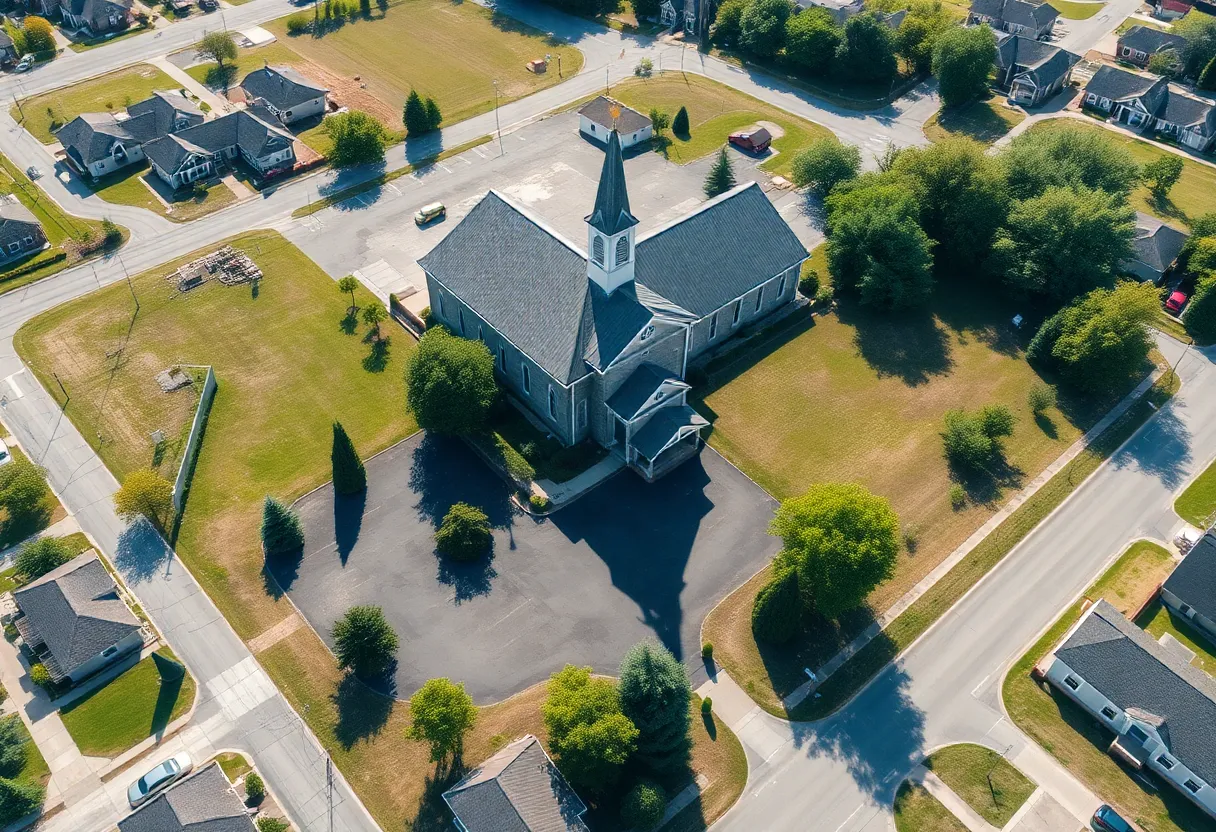 Aerial view of the former LexCity Church property showing the church building and parking lot.