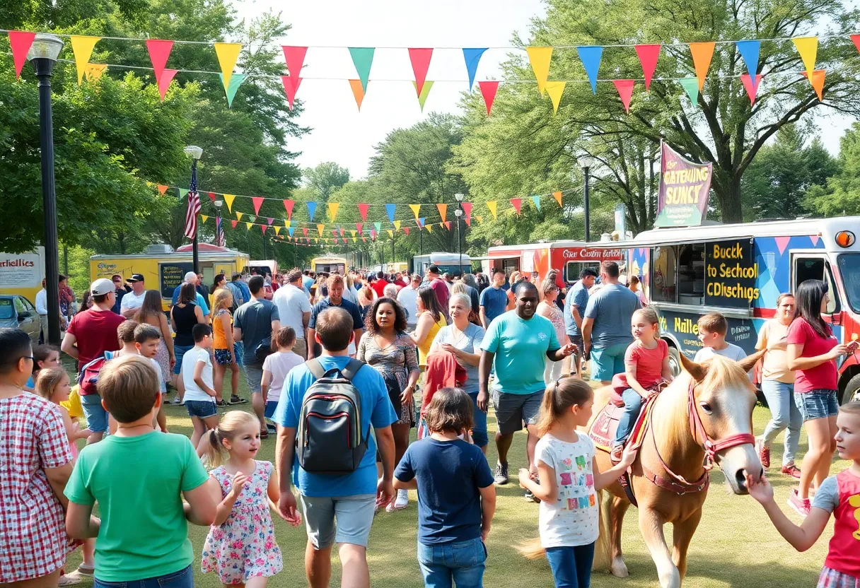 Families enjoying the Back to School event in Lexington with food trucks and pony rides.