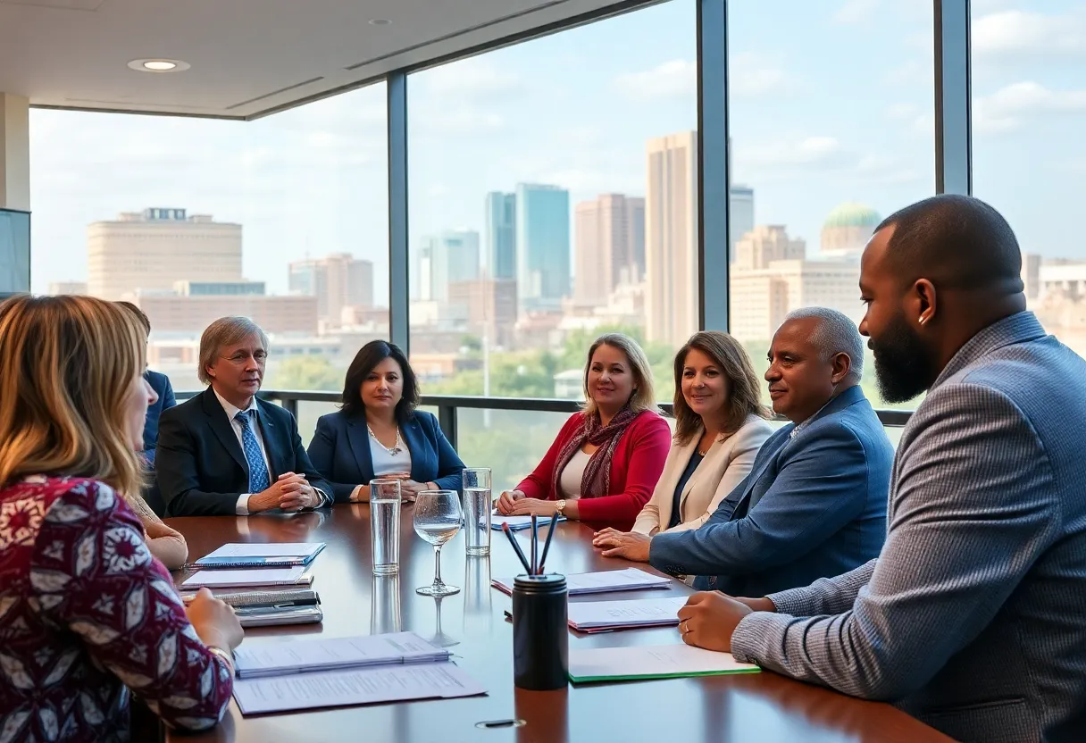 Diverse group in a council meeting discussing city governance.