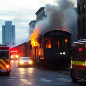 Firefighters battling a blaze on a train car at R.J. Corman property in Lexington