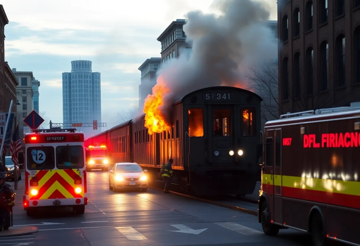 Firefighters battling a blaze on a train car at R.J. Corman property in Lexington