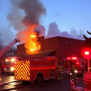 Firefighters battling a fire at a commercial laundry facility with smoke in the background.