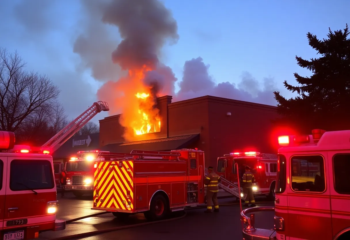 Firefighters battling a fire at a commercial laundry facility with smoke in the background.