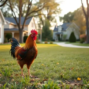 A single rooster in a suburban Lexington neighborhood yard.