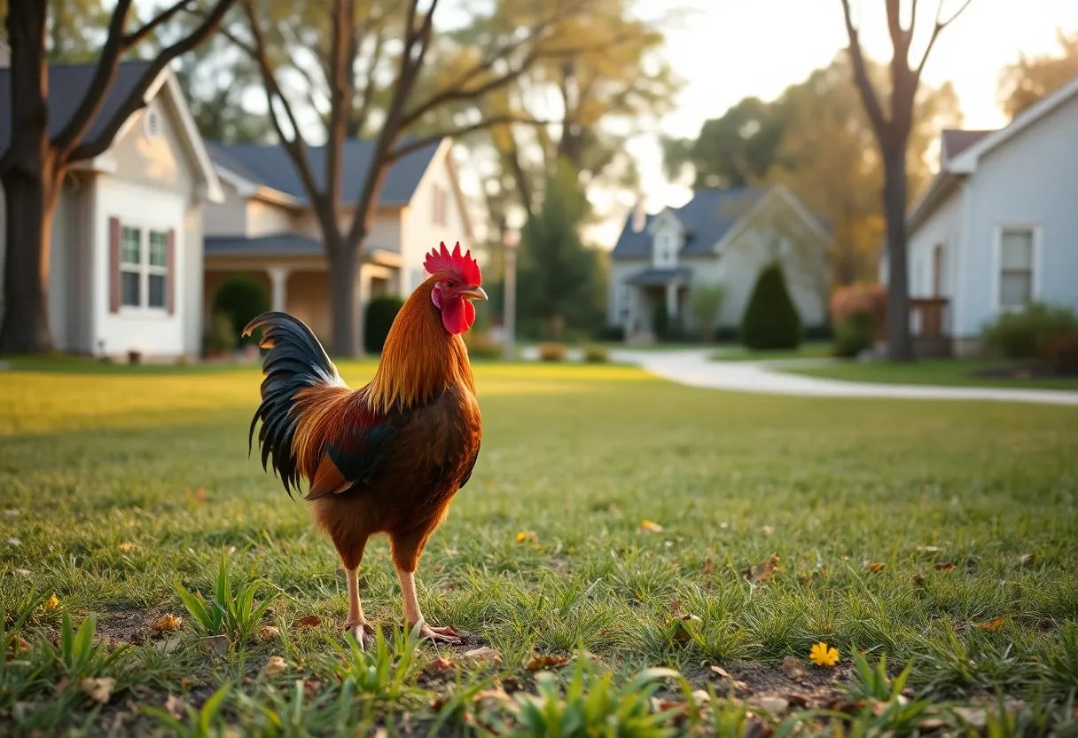 A single rooster in a suburban Lexington neighborhood yard.