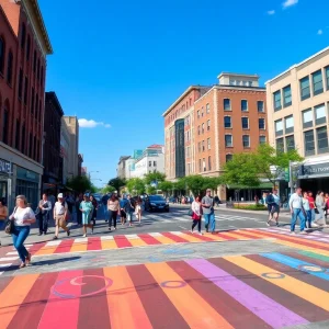 Vibrant rainbow crosswalk in downtown Lexington