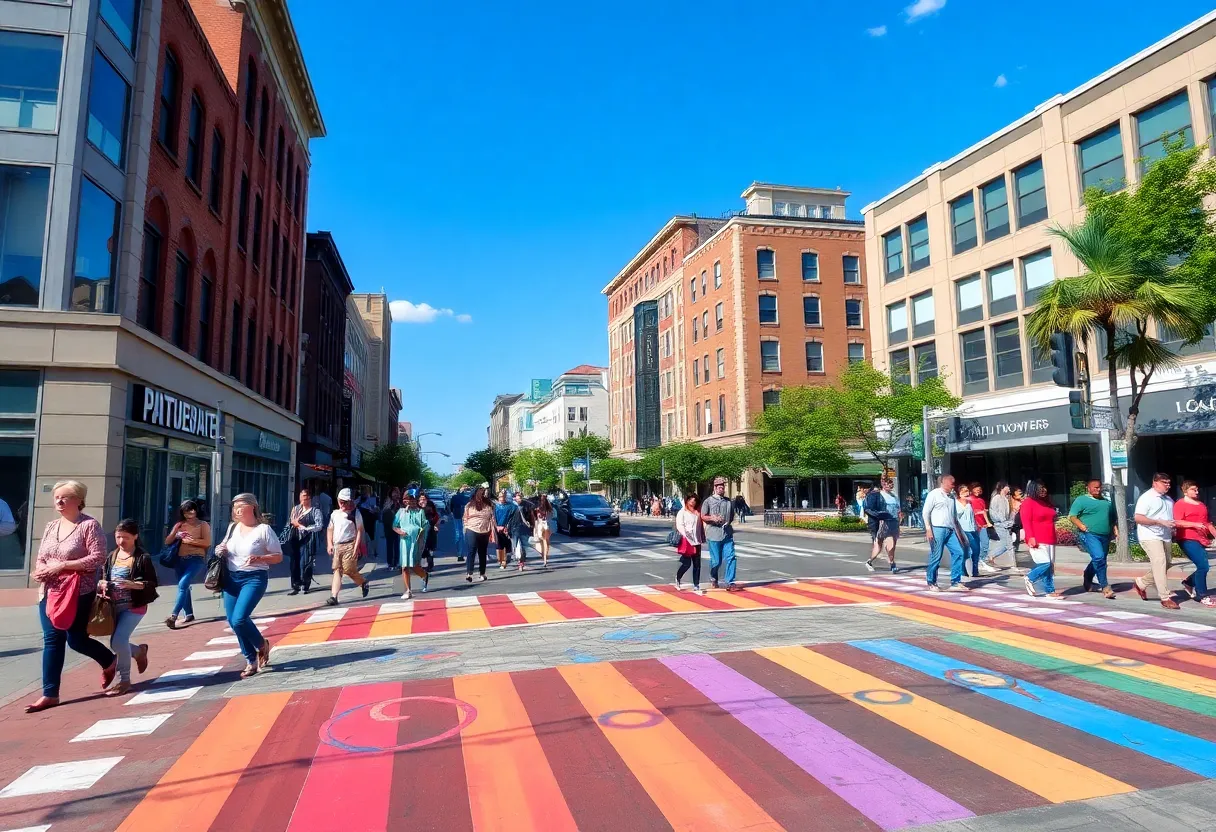 Rainbow crosswalk in downtown Lexington symbolizing inclusivity