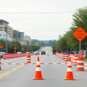 Construction zone in Lexington with road closure signs