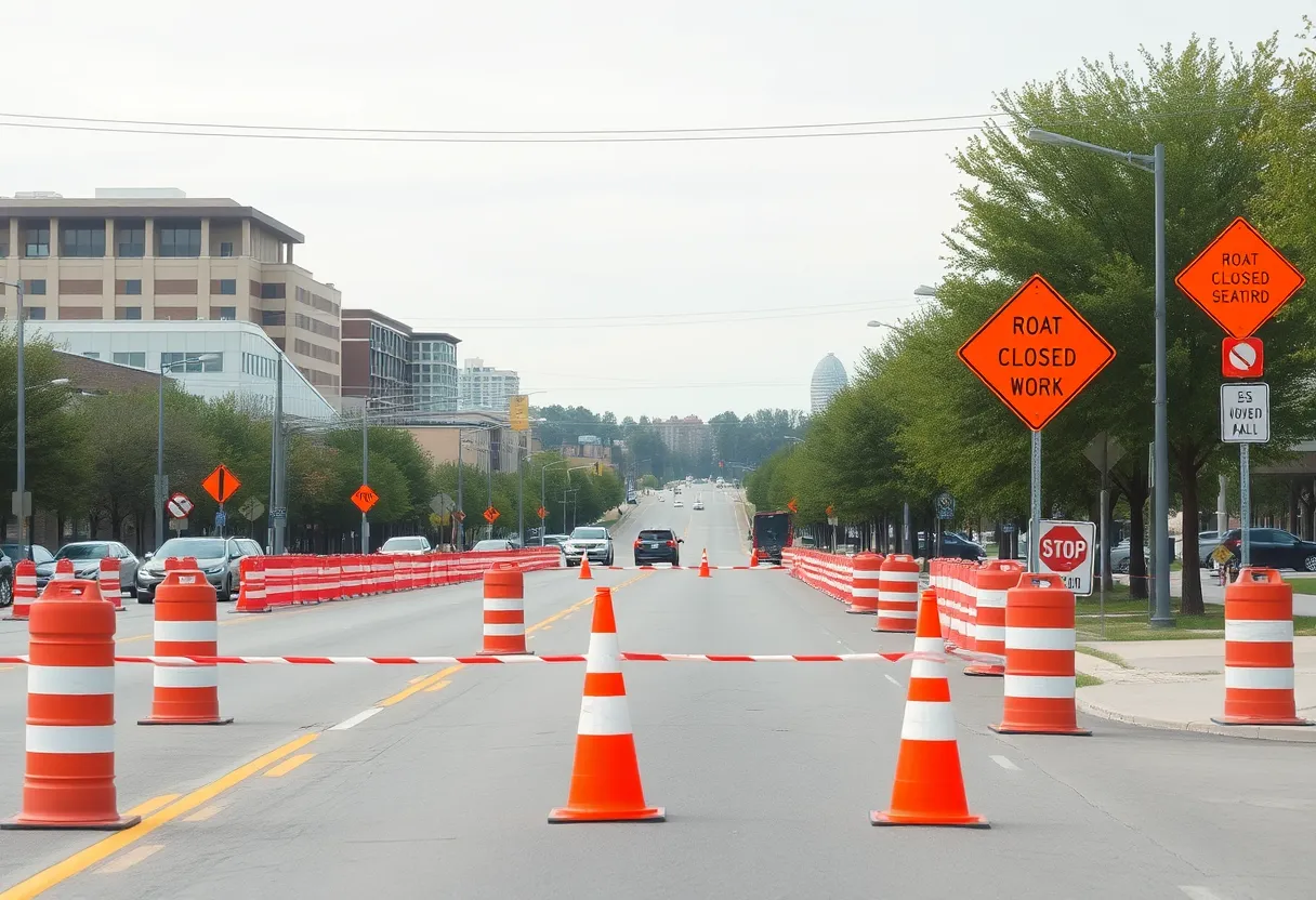 Construction zone in Lexington with road closure signs