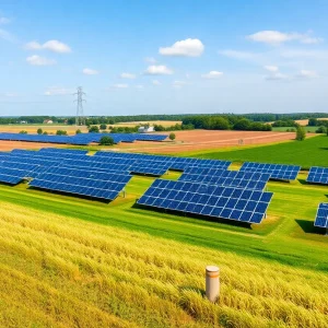 Agricultural land in Lexington with solar panels in the distance.