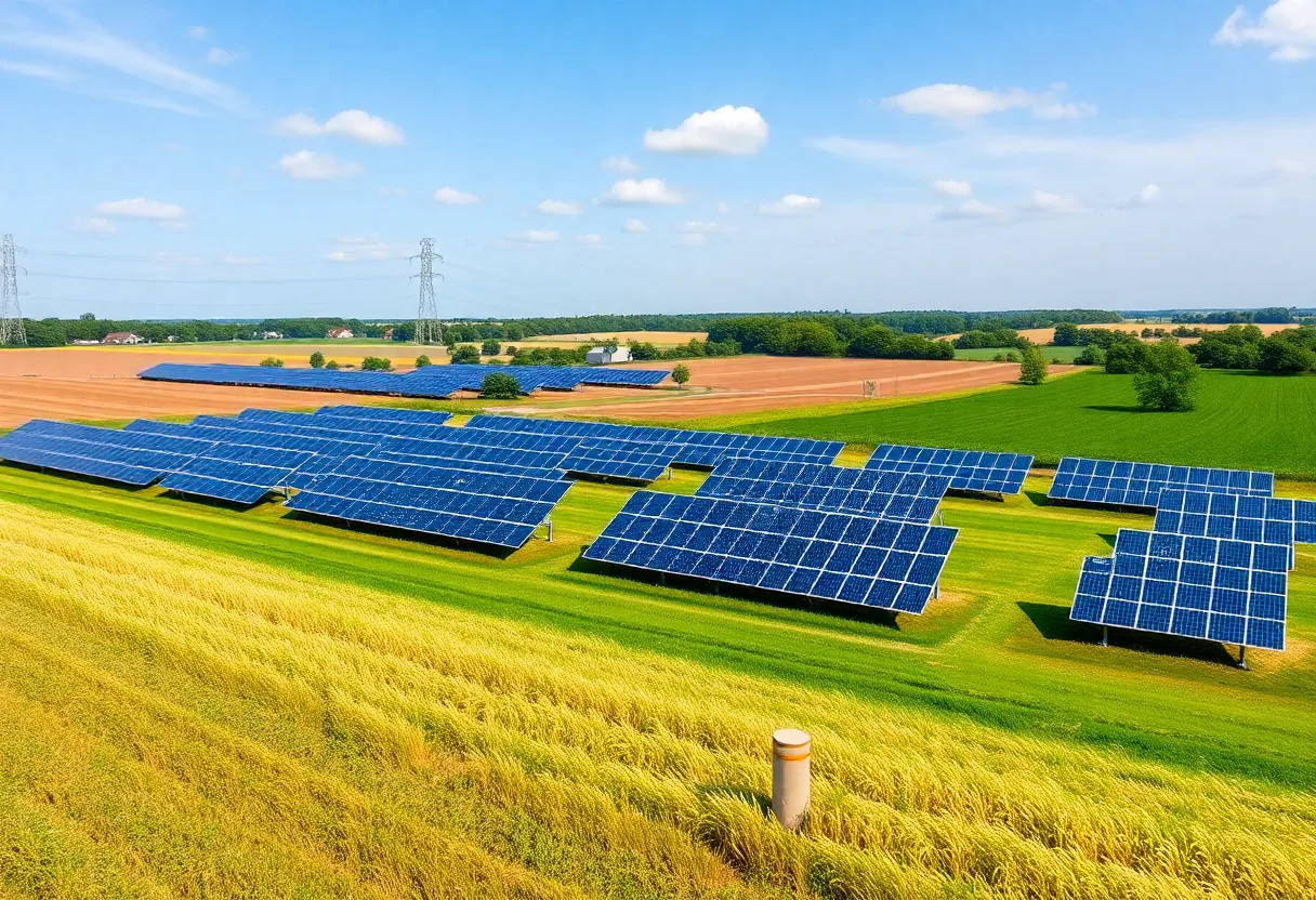 Agricultural land in Lexington with solar panels in the distance.