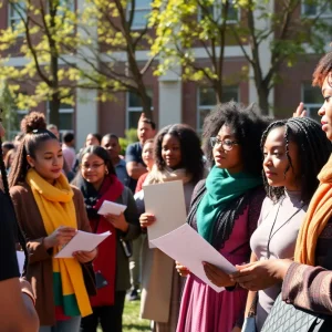 Diverse students celebrating on campus in honor of Lyman T. Johnson's legacy.