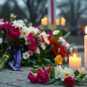 Memorial setting for Masten Childers II with flowers and a candle.