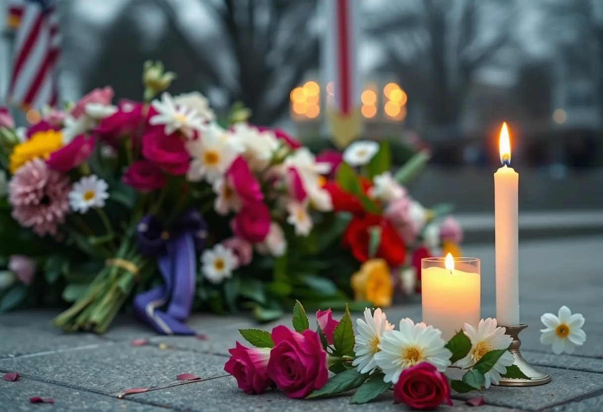 Memorial setting for Masten Childers II with flowers and a candle.