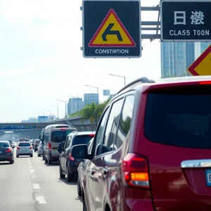 Traffic congestion on New Circle Road with construction signs