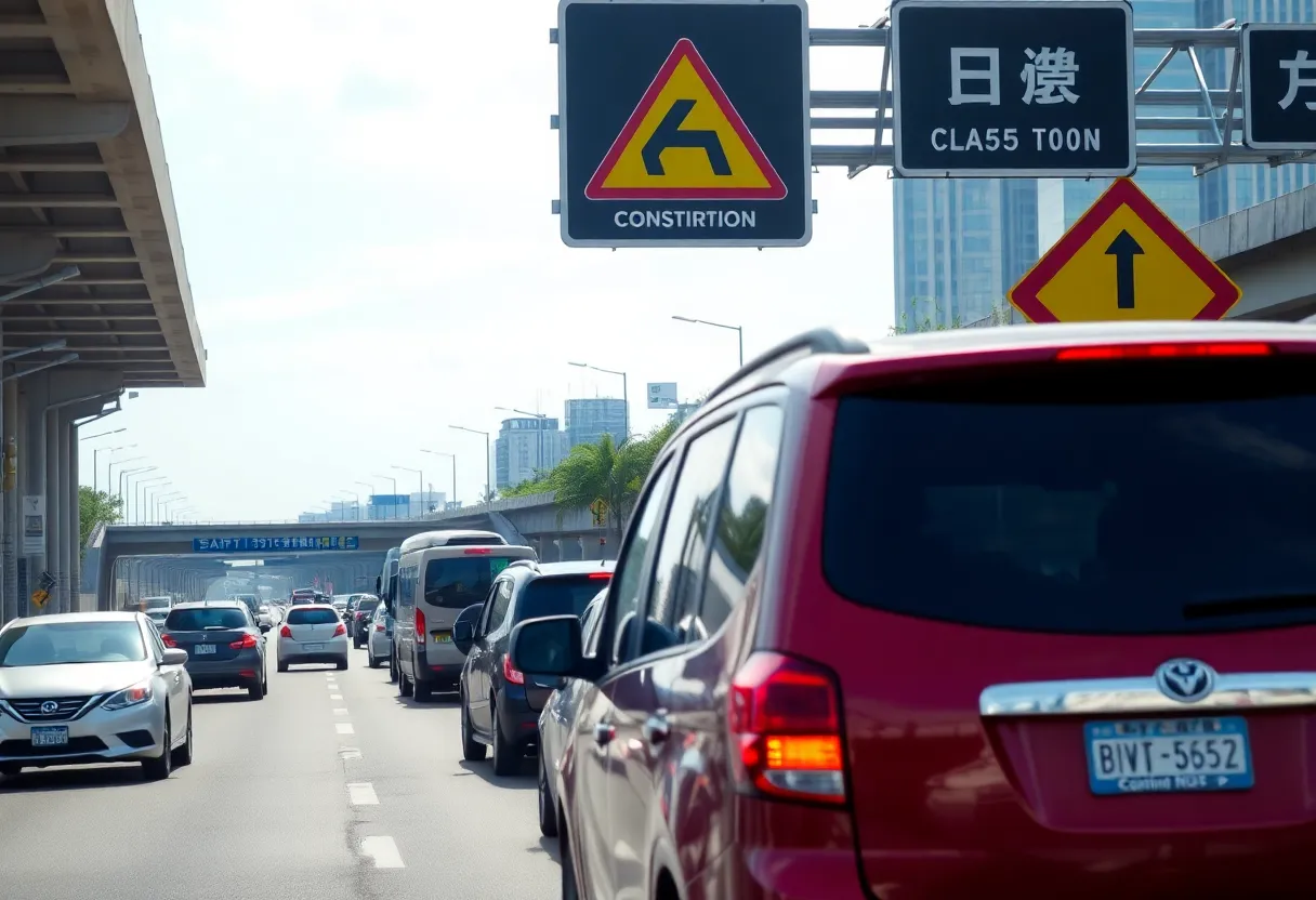 Traffic congestion on New Circle Road with construction signs