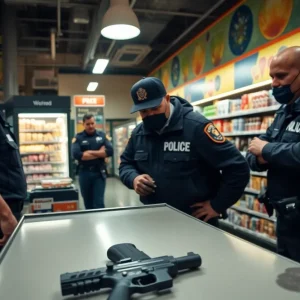 Police arresting a suspect in an urban store