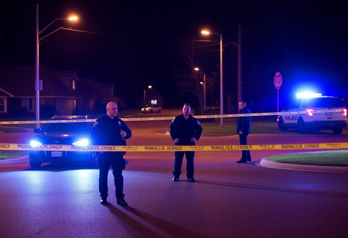 Police officers investigating a shooting scene at night