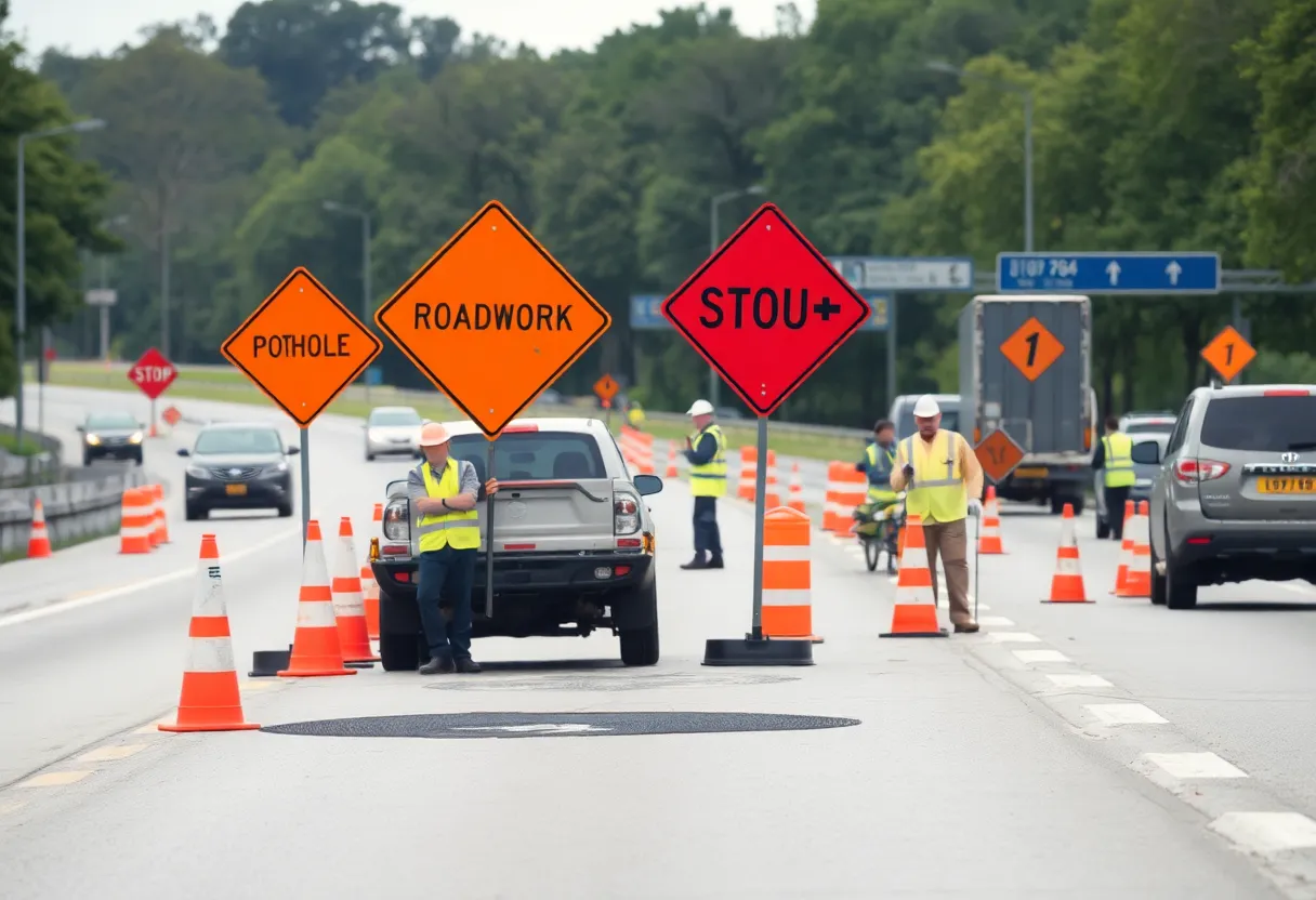 Pothole repair work on Interstate 64 with traffic cones and road signs