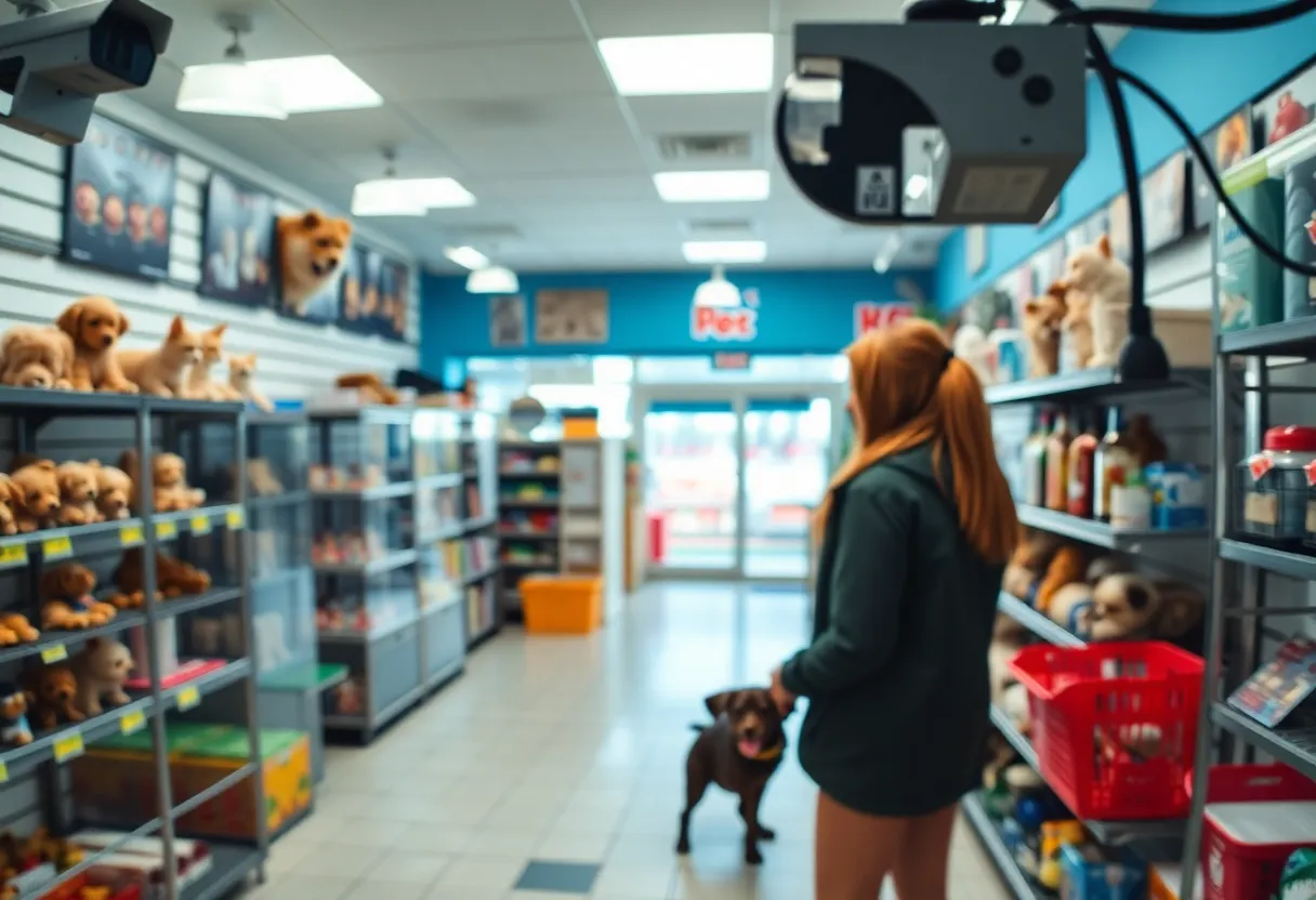 Surveillance camera footage depicting a pet store scene.