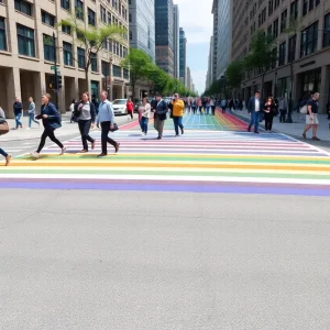 Colorful rainbow crosswalk with pedestrians in downtown Lexington